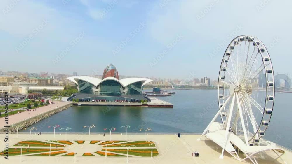 Baku city boulevard embankment. Drone view Baku city boulevard embankment. Drone view