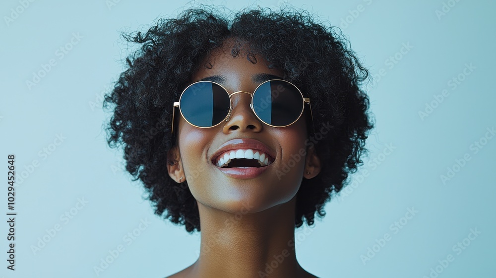 Smiling woman with curly hair wearing stylish sunglasses against a light blue background indoors during a bright day Smiling woman with curly hair wearing stylish sunglasses against a light blue background indoors during a bright day