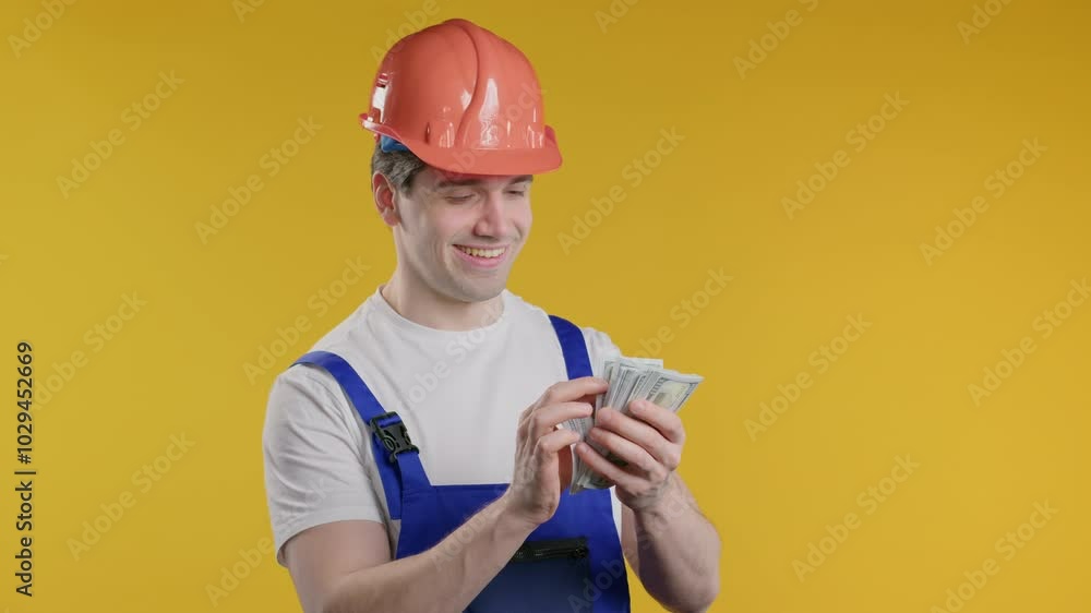 Smiling builder or handyman counting money USD dollars on orange studio. Smart mature guy Smiling builder or handyman counting money USD dollars on orange studio. Smart mature guy