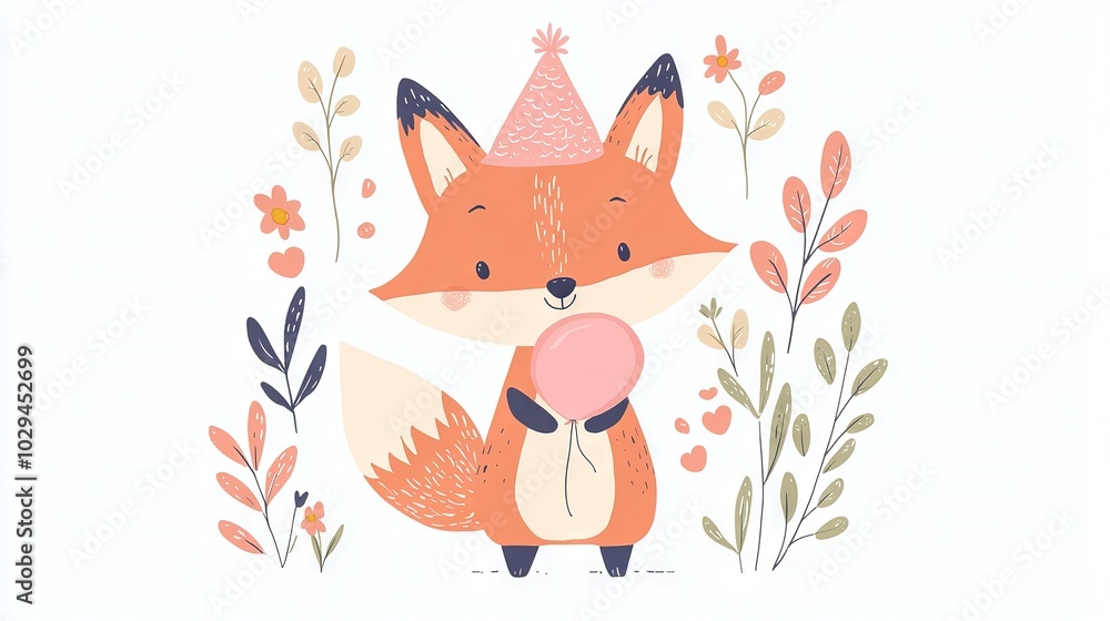 A fox wearing a party hat holds a lollipop in its mouth among flowers and plants A fox wearing a party hat holds a lollipop in its mouth among flowers and plants