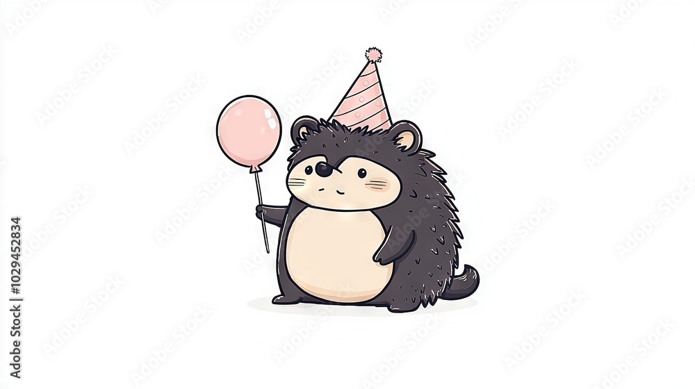 A hedge is holding a pink balloon and a party hat on its head A hedge is holding a pink balloon and a party hat on its head