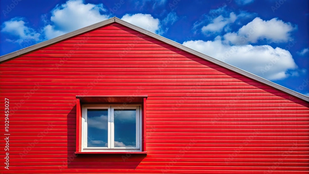 Red building with a high angle shot and window against a clear sky background Red building with a high angle shot and window against a clear sky background
