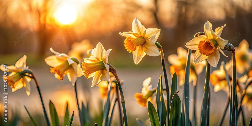 Silhouette of withered narcissus flowers in garden Silhouette of withered narcissus flowers in garden
