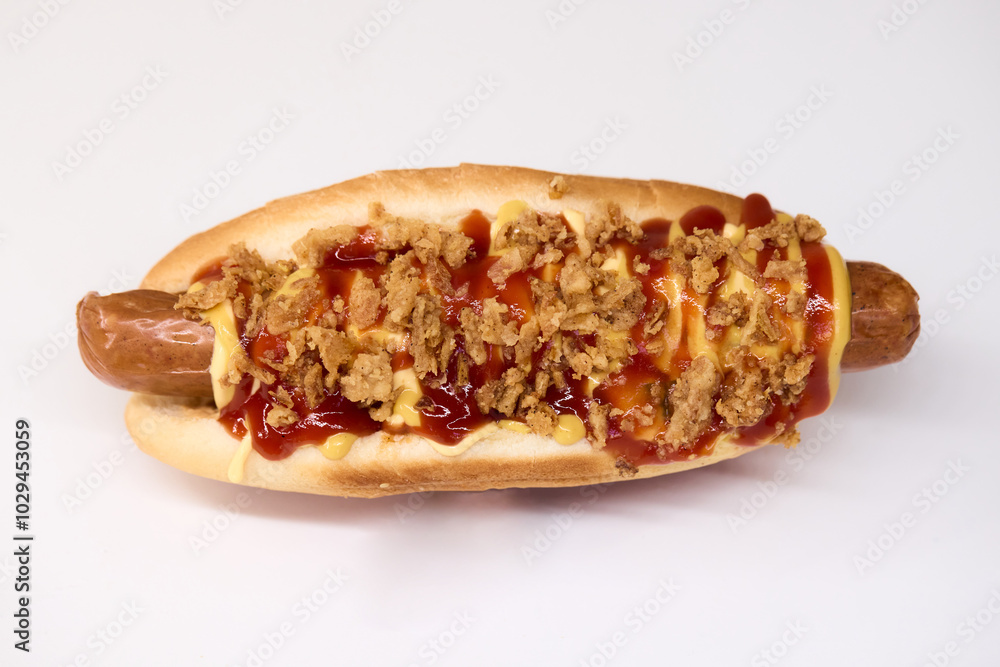 Gourmet Hot Dog featuring Crispy Toppings along with a delicious Sauce for extra flavor Gourmet Hot Dog featuring Crispy Toppings along with a delicious Sauce for extra flavor