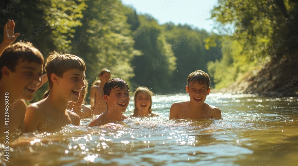 Teenage Believers Being Baptized in a River During a Summer Camp Teenage Believers Being Baptized in a River During a Summer Camp