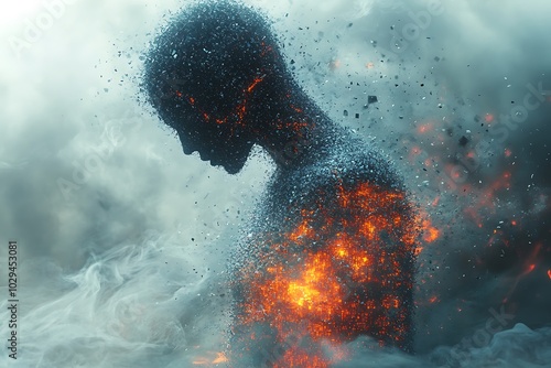 A man made of fire and smoke disintegrates into particles. photo