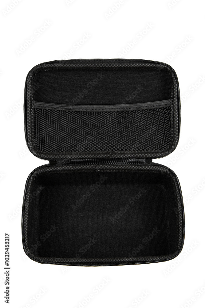 Naklejka premium Protective hard case with a zipper and a black fabric texture. Isolate on a white back.