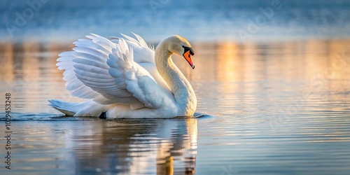 Fototapeta Naklejka Na Ścianę i Meble -  Minimalist white swan cleaning feathers in peaceful lake scenery