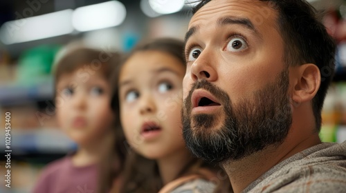 A family of four at a grocery store checkout, all reacting in disbelief at the high total cost, realistic, lifestyle concept