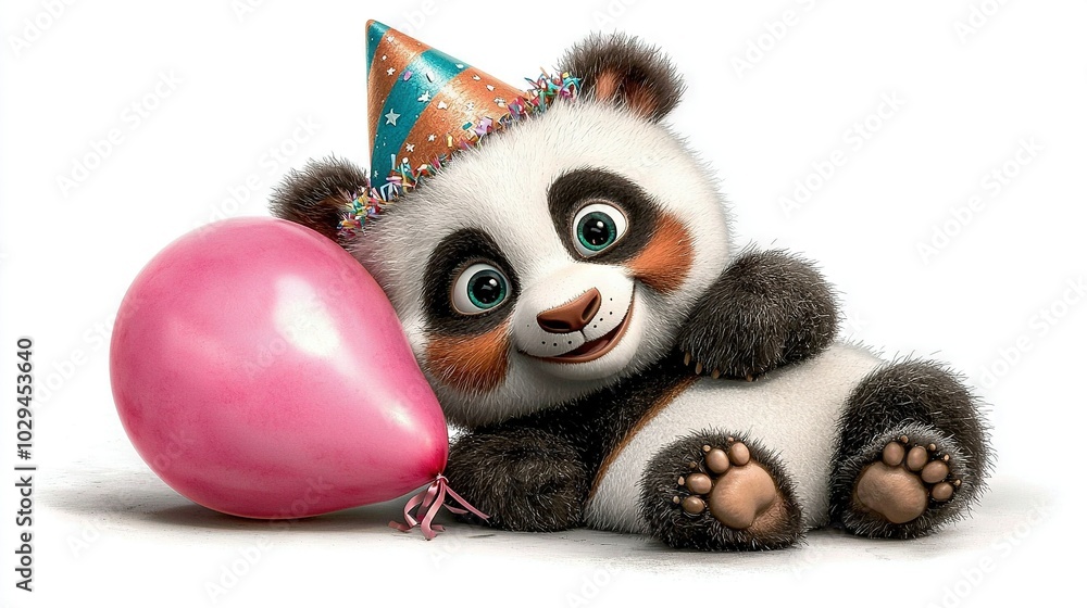 A panda bear holds a pink balloon while wearing a party hat on its head A panda bear holds a pink balloon while wearing a party hat on its head
