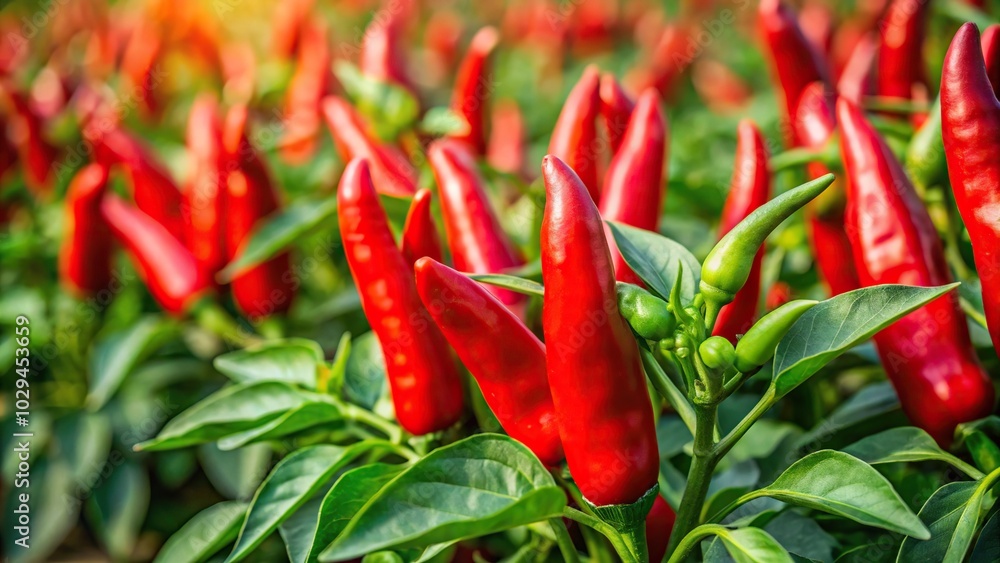 Red chili peppers growing in abundance on lush green plants in a farm field Extreme Close-Up Red chili peppers growing in abundance on lush green plants in a farm field Extreme Close-Up