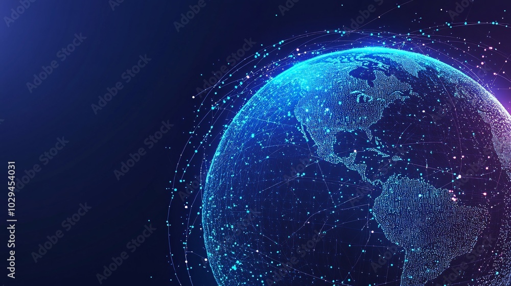 Obraz premium A digital representation of Earth with glowing lines connecting points on the surface.