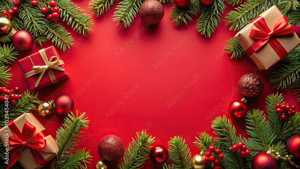 red christmas background with border decorated with holiday gifts close-up red christmas background with border decorated with holiday gifts close-up