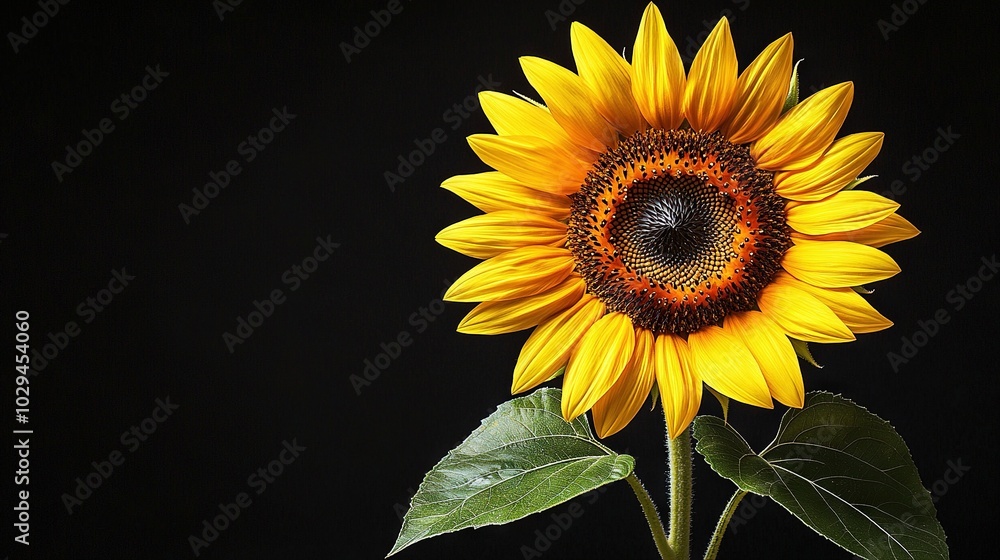 Naklejka premium A Sunflower Close-Up with a Green Stem on Black Background