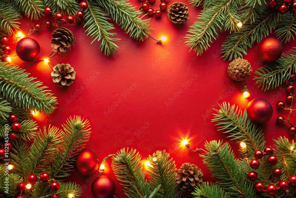 Red Christmas background with lights, fir branches, decorations from above Red Christmas background with lights, fir branches, decorations from above