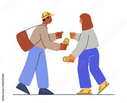 People exchanging tickets casual interaction colorful illustration two individuals standing exchanging tickets wearing casual clothes isolated white background