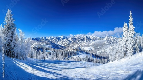  Person skiing on snowy slope in front of snow-covered mountain with trees