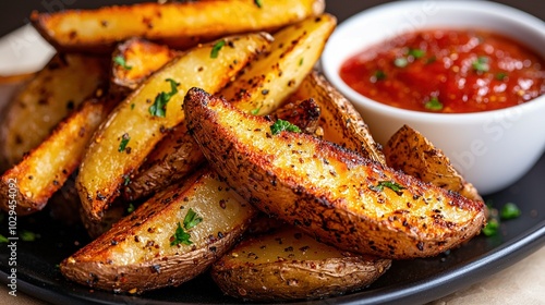  Close-up of French fries with ketchup and side sauce bowl