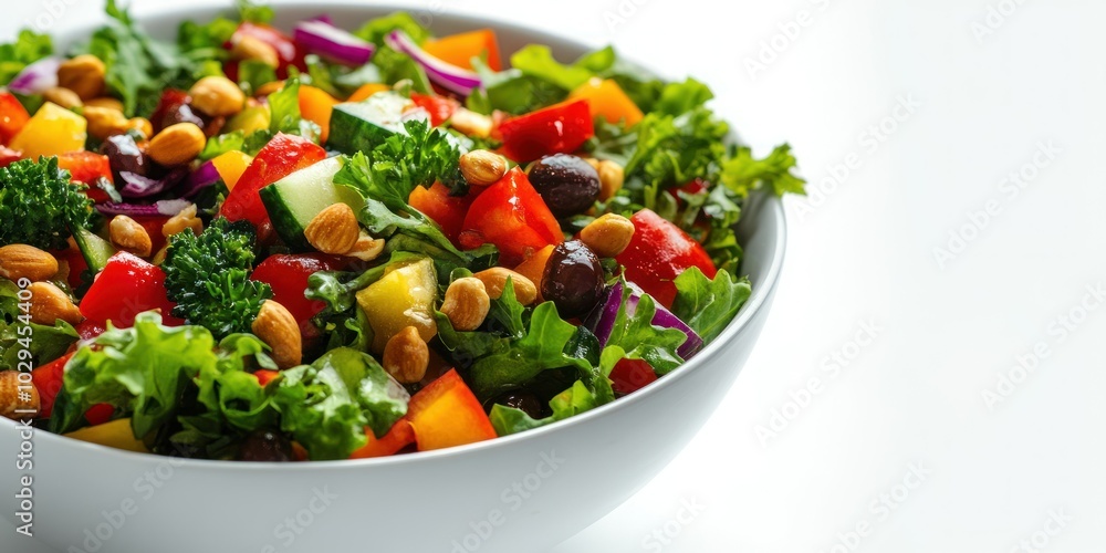 Close-up of a fresh salad with romaine lettuce, bell peppers, black beans, almonds, and cucumber in a white bowl. Close-up of a fresh salad with romaine lettuce, bell peppers, black beans, almonds, and cucumber in a white bowl.