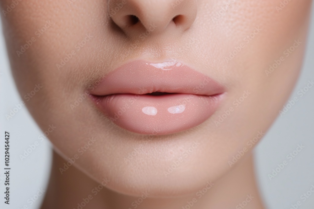 Naklejka premium Close-up of glossy nude lips with a natural tone on a female face over a light background, offering copy space for beauty, makeup, or minimalistic-themed branding visuals.