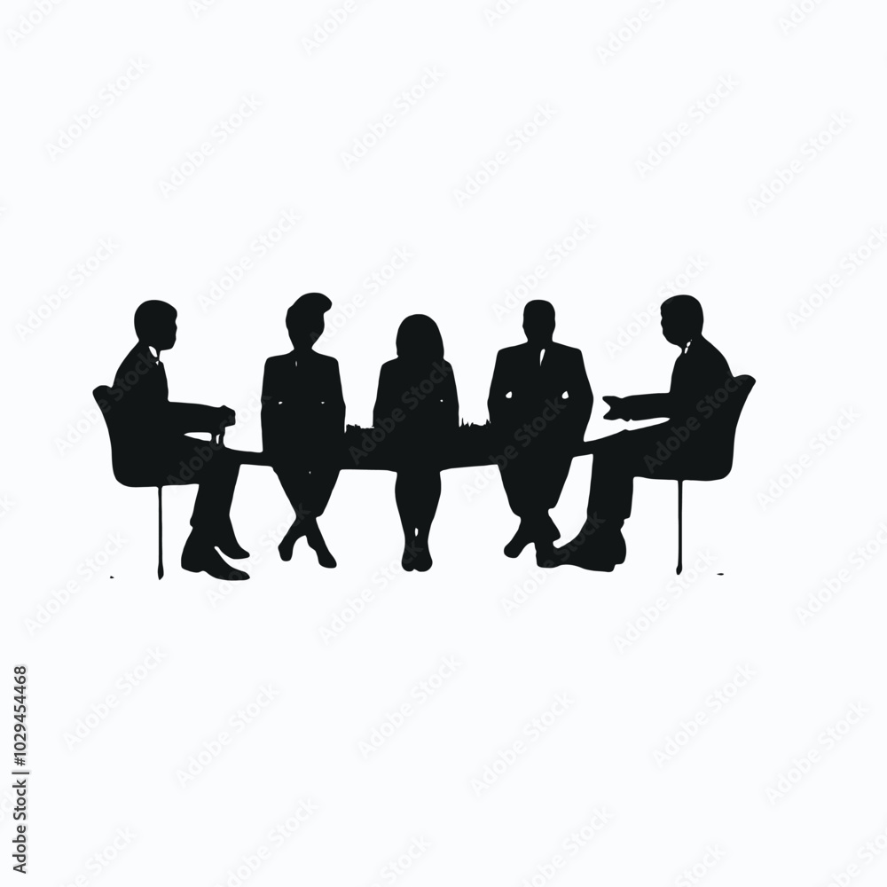Five silhouettes of people sitting around a table, Five silhouettes of people sitting around a table,
