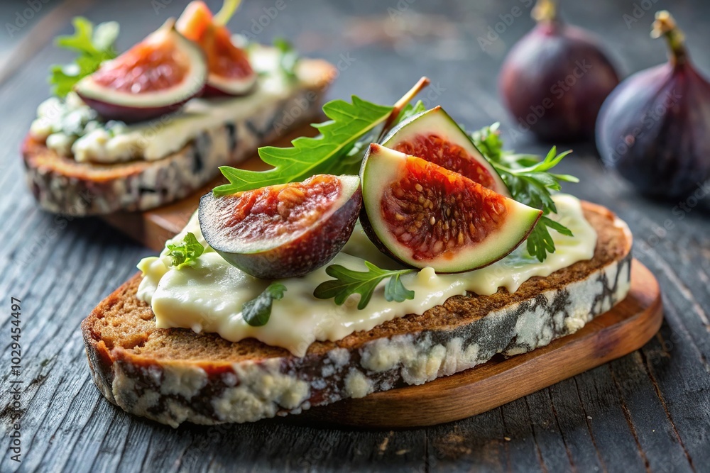 Open-faced sandwich with blue cheese, brie, and fig on aerial view Open-faced sandwich with blue cheese, brie, and fig on aerial view