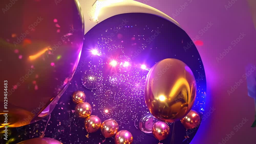 Purple and gold balloons with a swirling galaxy backdrop. video Purple and gold balloons with a swirling galaxy backdrop. video