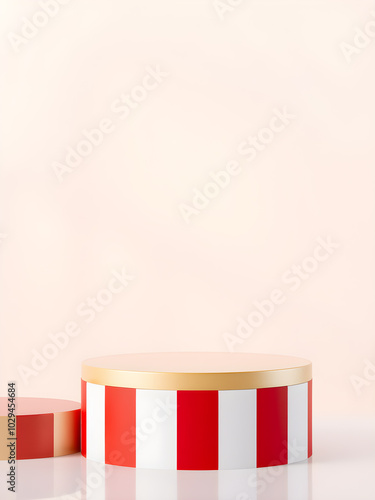 Red and white tall striped podium with a glossy soft gold top. Generative AI