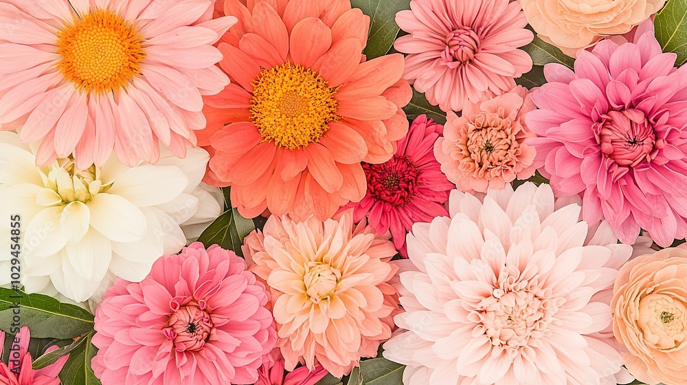 Close-up photo of a bouquet of flowers featuring green foliage beneath petals and pink/white blossoms above Close-up photo of a bouquet of flowers featuring green foliage beneath petals and pink/white blossoms above