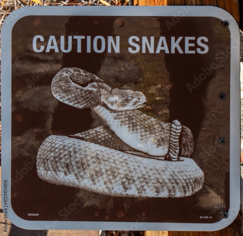 A rattlesnakes warning sign along a trail in the Steens mountains Oregon photo