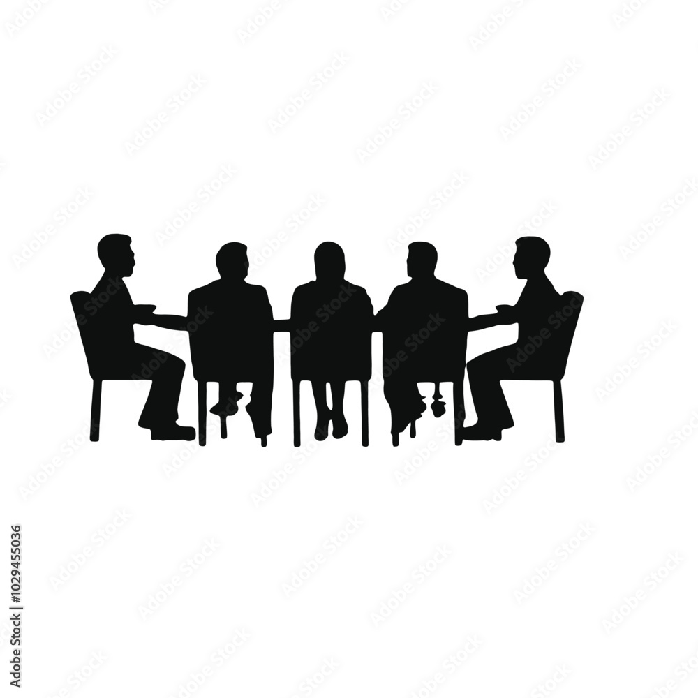Five silhouettes of people sitting around a table, Five silhouettes of people sitting around a table,