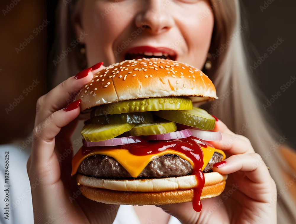 Woman holding a delicious cheeseburger with pickles, cheese, and a juicy beef patty, ready to take a bite. Woman holding a delicious cheeseburger with pickles, cheese, and a juicy beef patty, ready to take a bite.