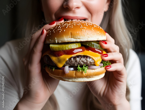 Woman holding a delicious cheeseburger with pickles, cheese, and a juicy beef patty, ready to take a bite.