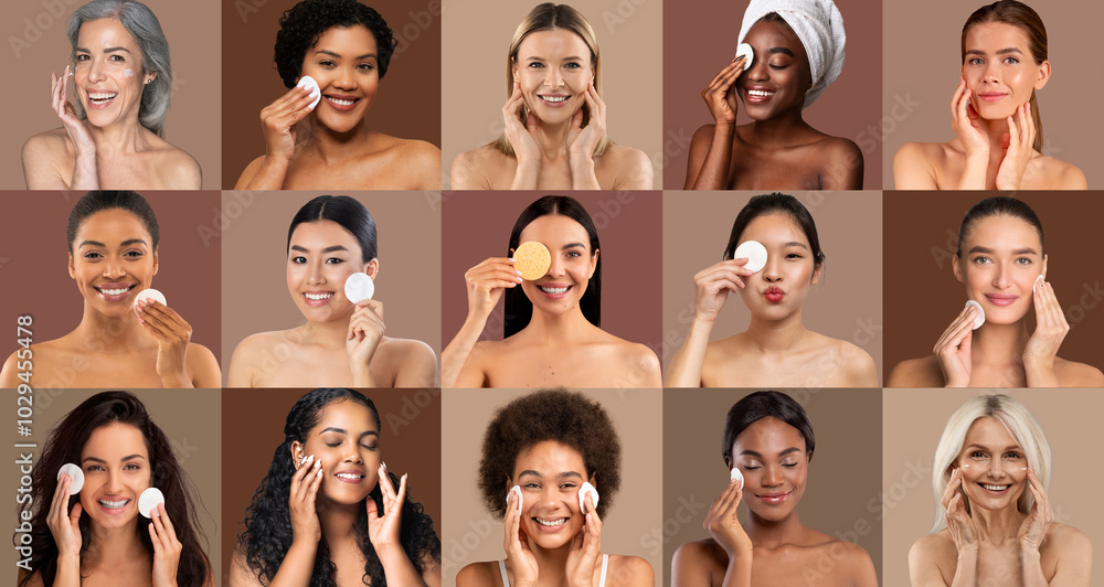 A group of women with various skin tones and hair types demonstrate their skincare routines, smiling and applying products in a neutral-toned studio backdrop.