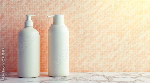 Two minimalist white cosmetic bottles stand elegantly on a marble countertop, illuminated by soft light, positioned against a warm peach backdrop in a tranquil bathroom