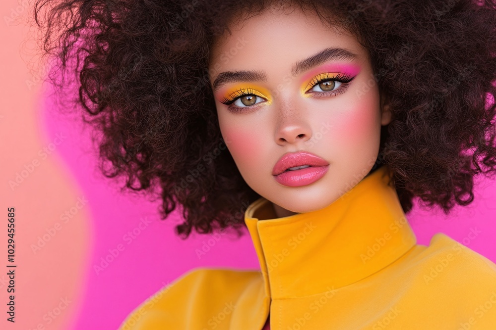 Vibrant portrait of a young woman with an afro, bold pink and yellow eye makeup, and glossy lips, wearing a bright yellow jacket against a neon pink background, perfect for fashion and beauty campaig
Vibrant portrait of a young woman with an afro, bold pink and yellow eye makeup, and glossy lips, wearing a bright yellow jacket against a neon pink background, perfect for fashion and beauty campaig
