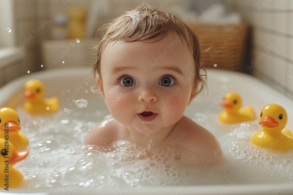 A joyful baby playing in a bubble bath surrounded by rubber ducks. A joyful baby playing in a bubble bath surrounded by rubber ducks.