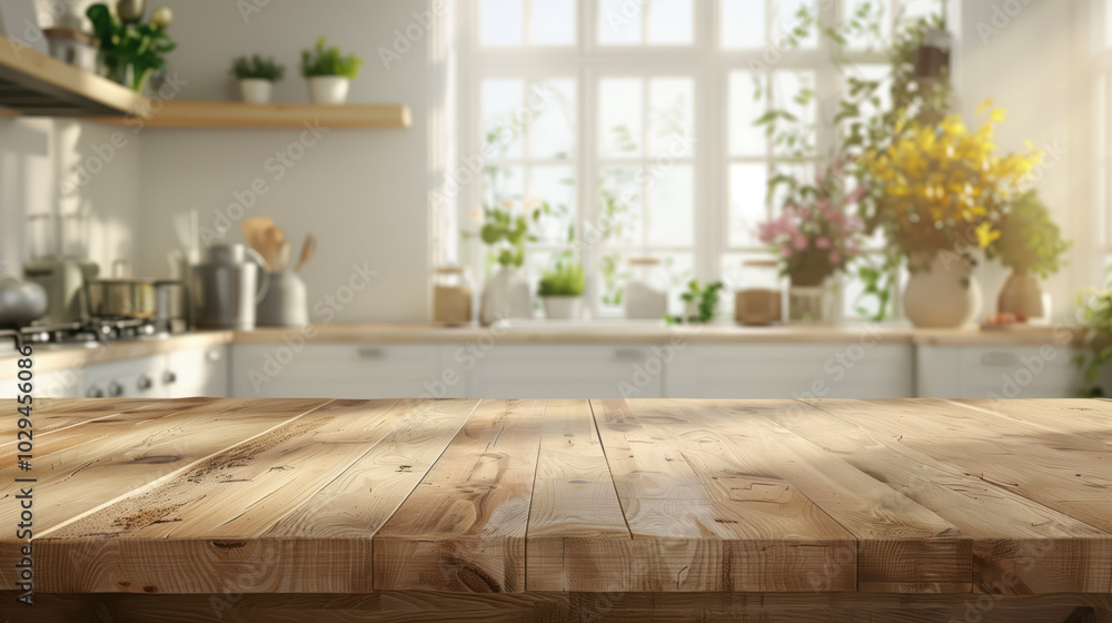 Empty beautiful wood tabletop counter on interior in clean and blurry bright kitchen background Empty beautiful wood tabletop counter on interior in clean and blurry bright kitchen background
