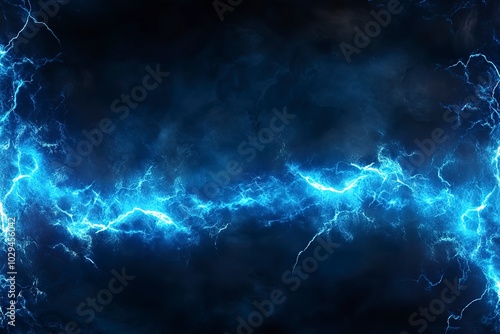 Blue electric lightning bolts in dark stormy sky