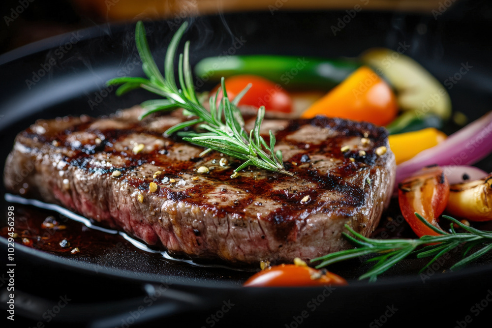 sizzling steak, with grill marks, adorned with fresh herbs and colorful vegetables sizzling steak, with grill marks, adorned with fresh herbs and colorful vegetables