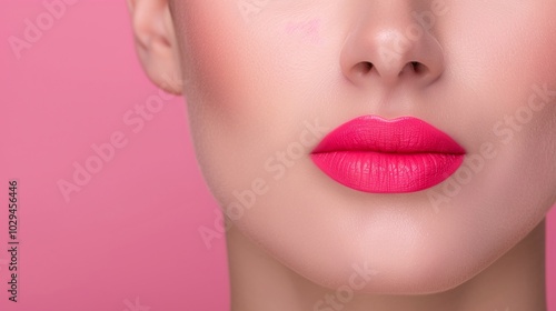 Close-up of bright pink lips with a matte finish on a female face, set against a soft pink background, offering copy space for beauty, makeup, or lip-focused branding visuals.