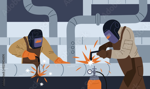 Welders weld pipes. Professionals in uniforms and protective masks. Metal structures connection. Specialists working. Industrial metalwork. Steel pipeline welding. Garish vector concept