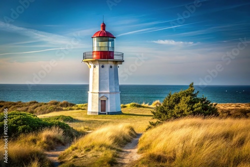 Small lighthouse on the Baltic coast of Hiddensee Island with shallow depth of field.