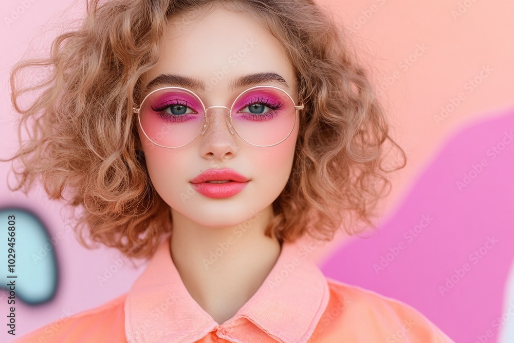 Fototapeta premium Trendy young woman with curly blonde hair, wearing pink sunglasses, bold pink eye makeup, vibrant pink background, casual style, fashionable portrait, playful look, close-up shot.