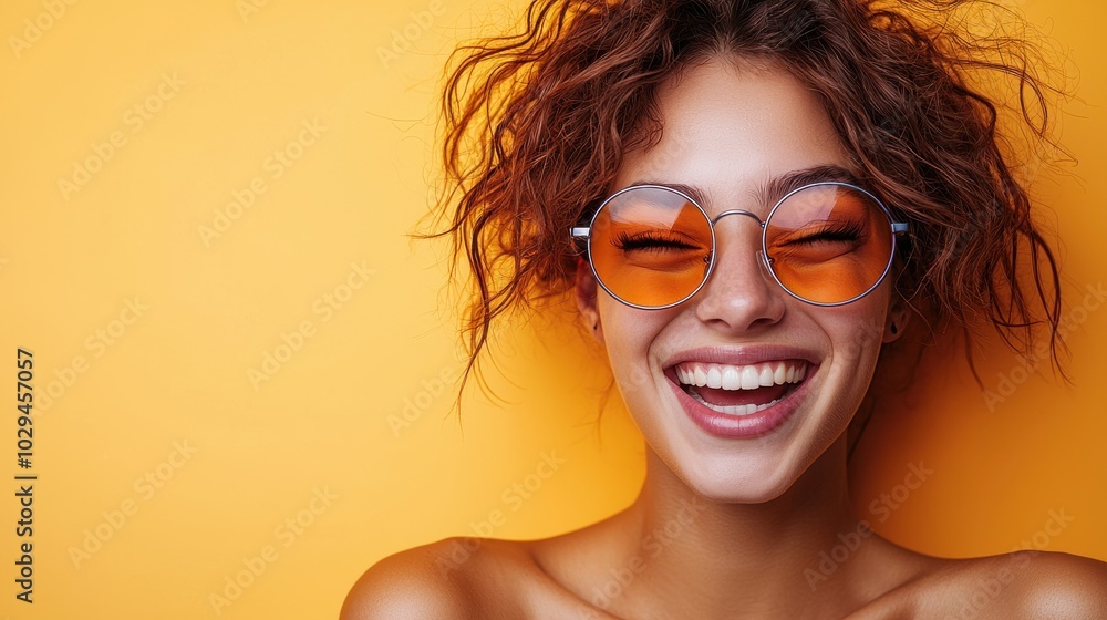 Young woman with curly hair smiling brightly against a vibrant yellow background while wearing stylish round sunglasses Young woman with curly hair smiling brightly against a vibrant yellow background while wearing stylish round sunglasses