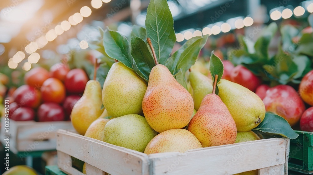 A wooden crate holds a pile of ripe pears in front of an apple and pear display A wooden crate holds a pile of ripe pears in front of an apple and pear display