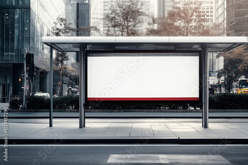 White bus stop billboard poster in a station with cars in moving in the background, Front view, mockup concept blank poster with city traffic