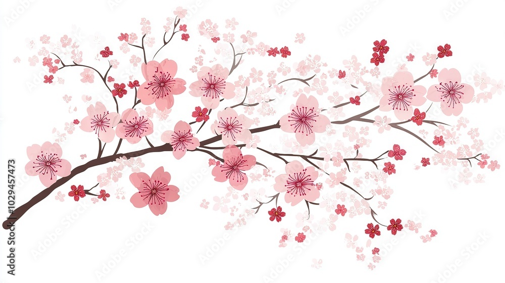 A cherry tree's blossom branch on a white background with room for text or an image A cherry tree's blossom branch on a white background with room for text or an image