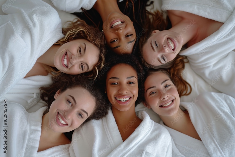 Five joyful women dressed in white bathrobes lie in a circle on a bed, smiling cheerfully at the camera, celebrating their spa day experience together Five joyful women dressed in white bathrobes lie in a circle on a bed, smiling cheerfully at the camera, celebrating their spa day experience together