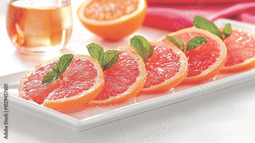  White plate, grapefruit slices, tea cup, glass